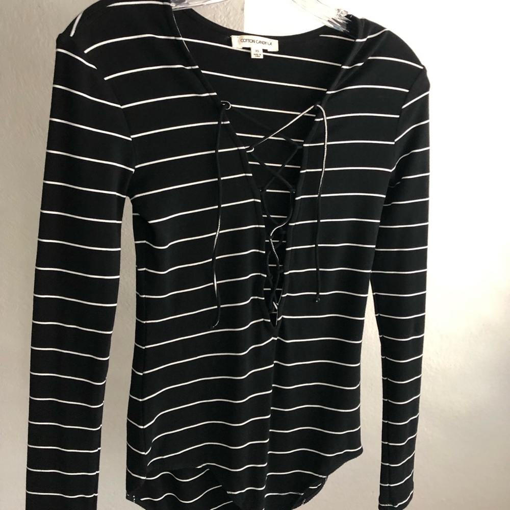 Stripped, lace up bodysuit
